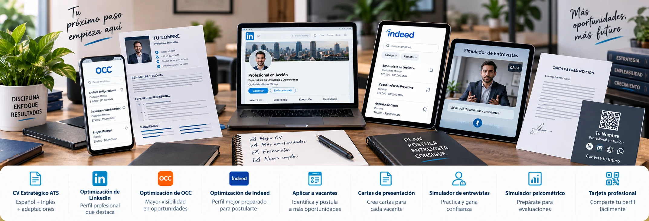 Ecosistema Fénix Pro Expert con CV Estratégico ATS, LinkedIn, OCC, Indeed, aplicación a vacantes, cartas de presentación, simulador de entrevistas, simulador psicométrico y tarjeta profesional